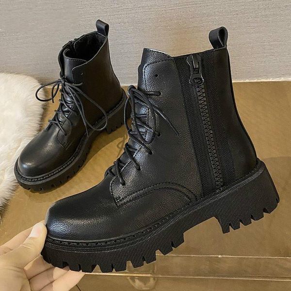 

boots 2021 winter black motorcycle women shoes woman fashion round pu ankle lace up comfortable 35-40