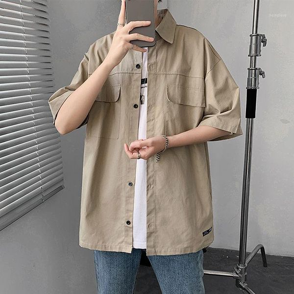 

2020 summer new cotton students korean version casual wild loose style short-sleeved shirt men streetwear, White;black