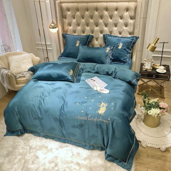 

bedding sets pure cotton luxury silk satin jacquard duvet cover set  king size embroidery bed flat/fitted bedsheet