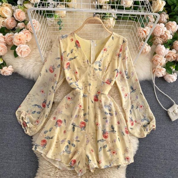 

2021 new singiny impression sweet female overalls neck puff coveralls bohemian autumn printing long short zhmv, Black;white