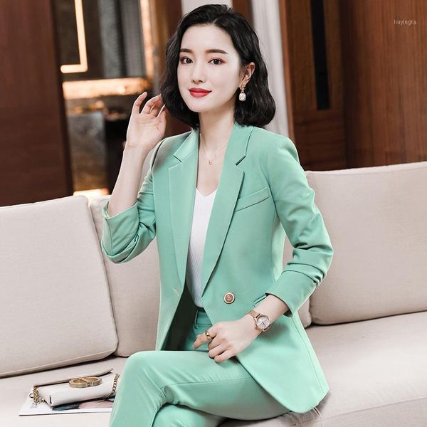 

elegant green formal blazers women business work wear uniform designs pantsuits with pants and jackets coat office ladies set1, White
