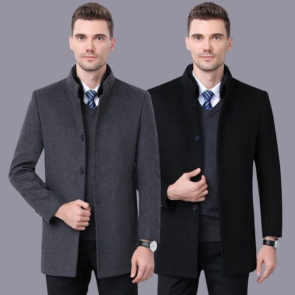 

men's wool & blends and winter 2021 middle aged cashmere coat stand collar mid length father's thickened business woolen, Black
