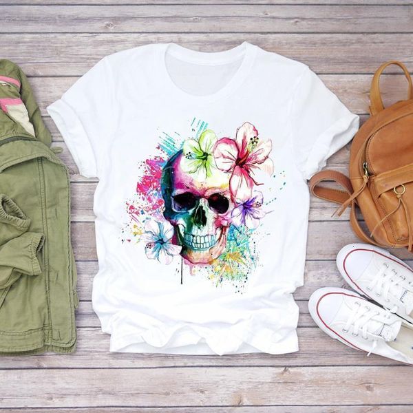 

women watercolor skull floral fall halloween 90s print lady t-shirts womens graphic t shirt ladies female tee t-shirt, White