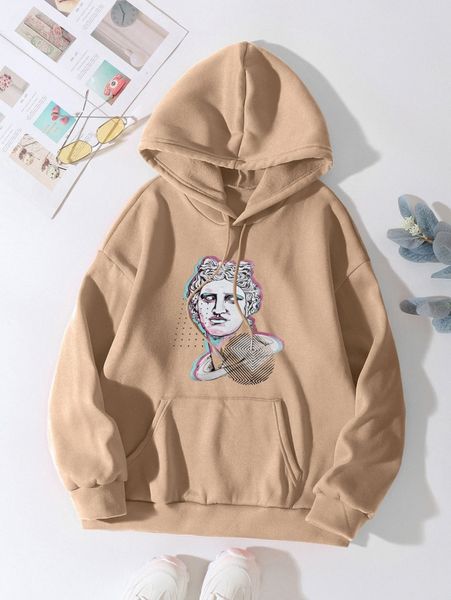 

figure graphic drawstring thermal lined hoodie 43hw#, White;black