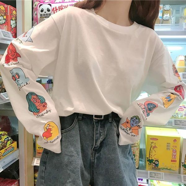 

korean ulzzang loose cute letter print t-shirt cartoon women casual long sleeve t shirt female kawaii pullovers tshirt tee, White