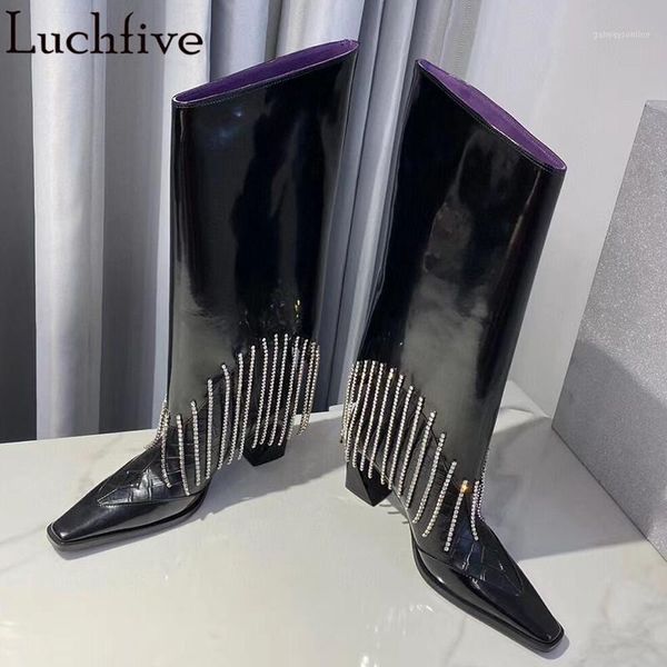 

boots crystal fringe women's genuine leather shoes woman hoof heels knee high black pointy toe botas mujer1