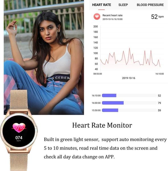 

4fds2awmbhb women's smart dynamic watch, face fitness tracker, ip68 waterproof heart rate sleep monitor for android, ios, gold