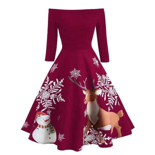 

christmas women off shoulder print vintage evening party dress flare dress new year long sleeve plus size#c, Black;gray