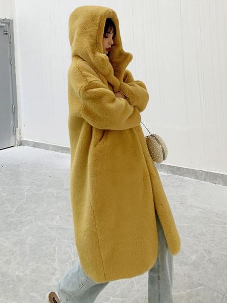 

women's fur & faux coat autumn and winter thick mink fluffy loose hooded, Black