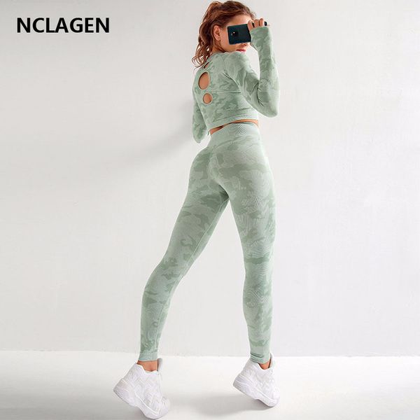 

sports wear for women gym yoga set 2 piece fitness leggings seamless camouflage suit high elastic workout sportwear nclagen y1225, Gray