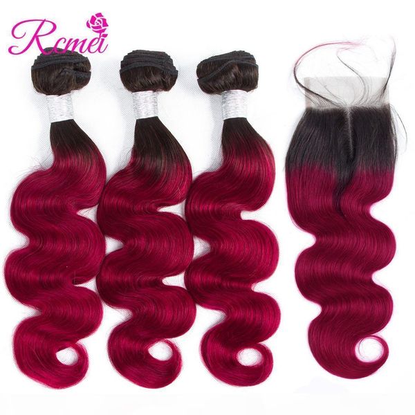 

burgundy colored hair brazilian body wave bundles with closure ombre 1b burgundy 2 tone color 3 bundles with middle part lace closure rcmei, Black;brown