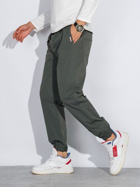 

men drawstring waist slant pocket pants 82od#, Black