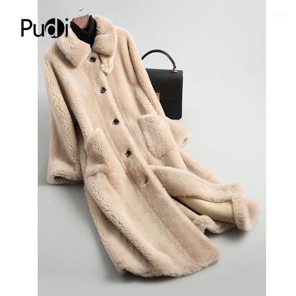 

pudi a18228 women winter real wool shearing overcoat warm jacket girl coat lady long jacket overcoat1, Black