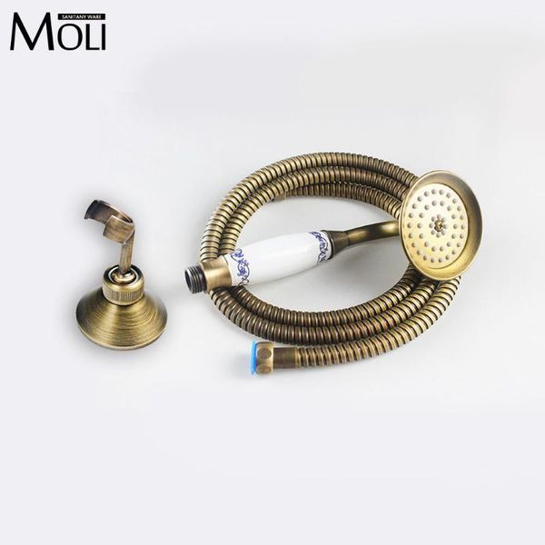 

soild brass antique hand shower with shower holder 1.5m hose blue and white handheld sprayer bathroom replace part1