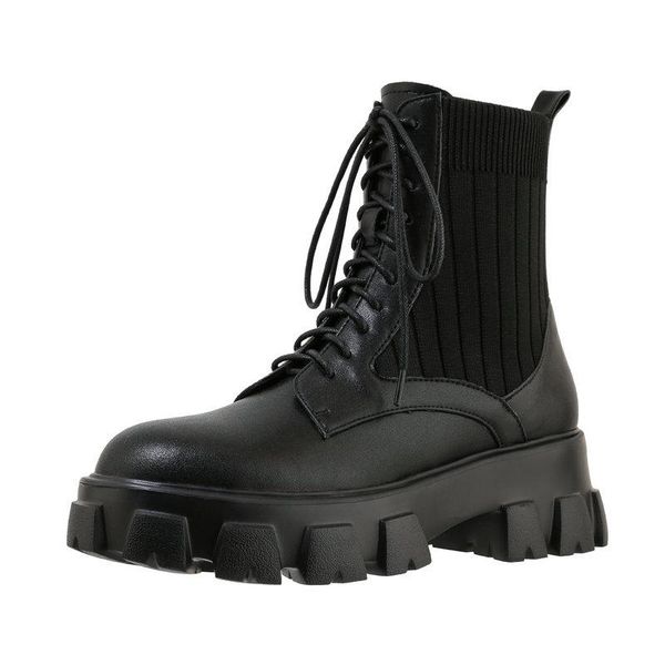 

Punk Women Ankle Boots Female Knitting Genuine Leather Motorcycle Boots thick high heels Night Club Shoes Woman Autumn Winter, Black