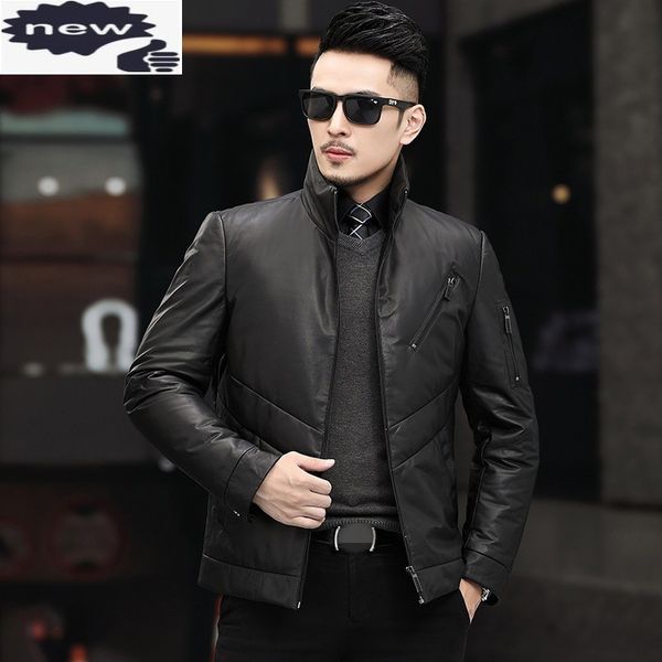 

brand thick 100% genuine leather jacket men winter warm stand collar business down luxury black slim casual short coat q1215