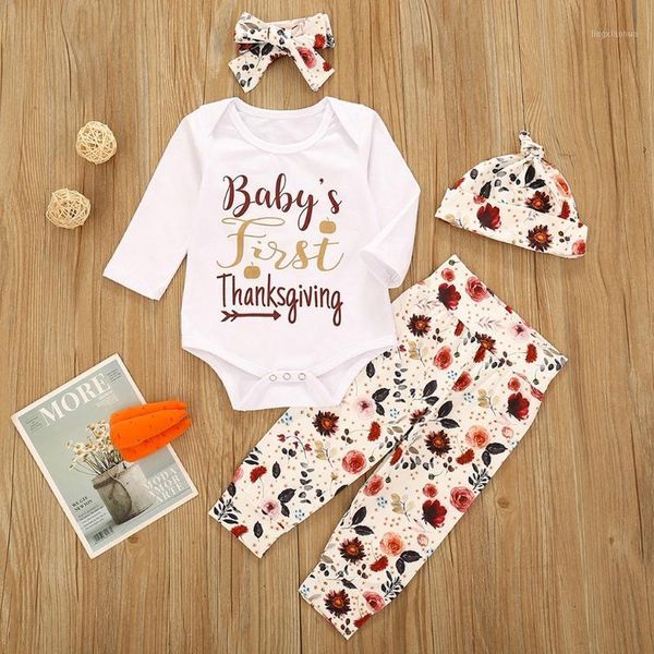 

4pcs toddler baby girls clothes set cute first thanksgiving romper+pants+hat+bowknot clothing autumn long sleeve clothing sets1, White