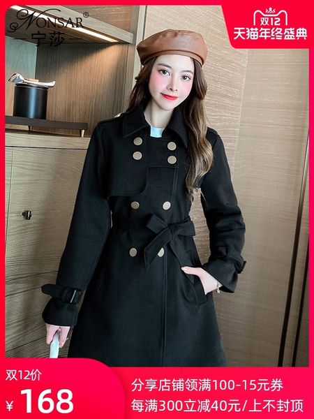 

winter 2020 new korean version of british style medium long woolen coat, Black