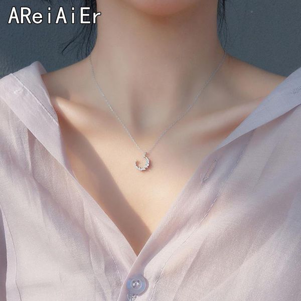 

chains fashion irregular crescent moon pendant necklaces for women prevent allergy zircon necklace wedding jewelery couple gifts, Silver