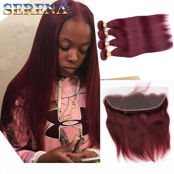 

new arrival pure color #99j wine red straight 13*4 lace frontal closure bundles with frontal with baby hair burgundy lace frontals, Black;brown