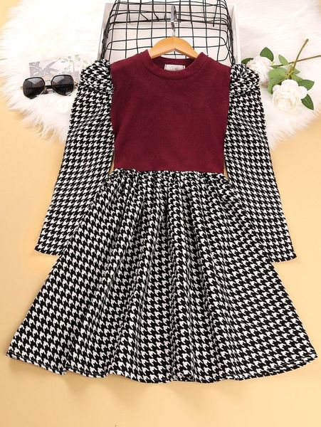 

girls houndstooth panel puff sleeve dress she, Red;yellow