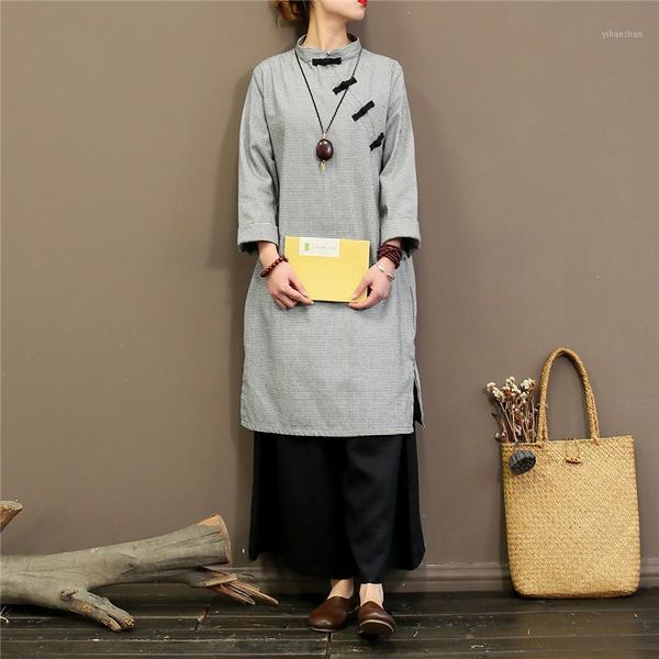 

johnature chinese style women cheongsam stand long sleeve 2020 spring new stand plaid loose vintage cotton linen women cloths1, Red