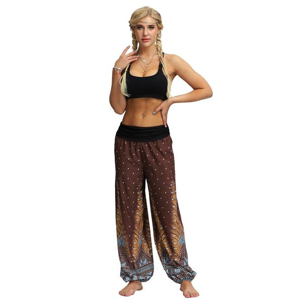 

women yoga pants fashion feather print thai style joggers trendy novelty womens dance pants wide leg wholesale, Black;white