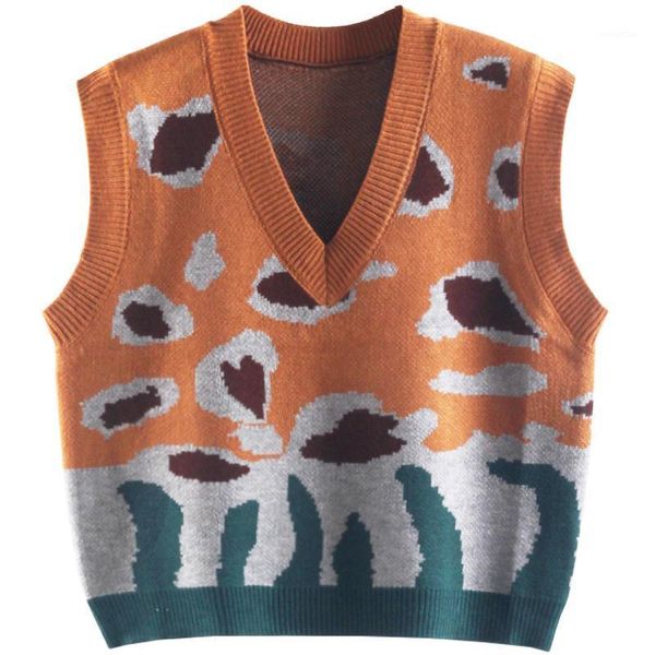 

zcsmll sweater vest women's leopard pattern loose contrast color outer wear vest woolen waistcoat 2021 new spring1, Black;white