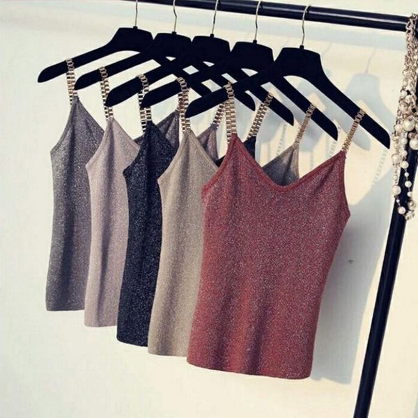 

2020 female tank club women spaghetti girl camisole metal strap v-neck sweater thin bright mesh glitter bling top, White
