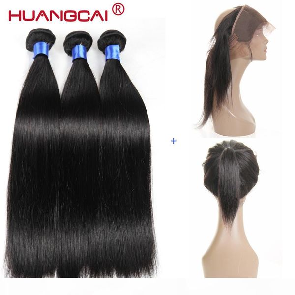 

huangcai straight peruvian 360 lace frontal closure with bundles human hair 3 bundles with closure non-remy 4pcs hair extention, Black;brown