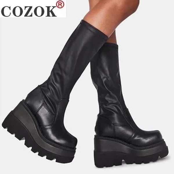 

2021 new ladies high platform boots fashion zip high heels boots women wedges shoes woman casual heels plus size 35-43, Black