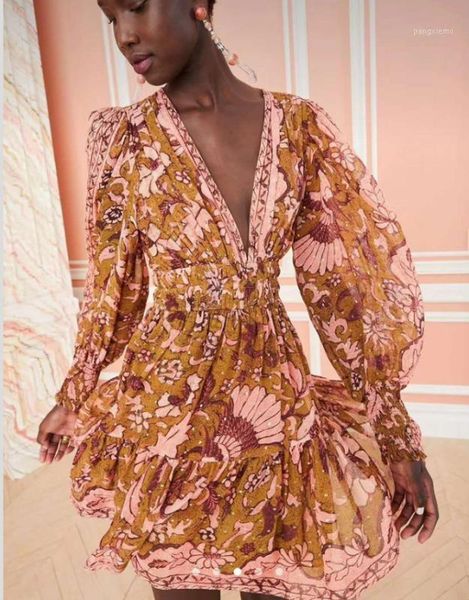 

2020 autumn fashion sweet women silk dress printed long sleeve dress high waist colorful print deep v-neck lurex mini1, Black;gray