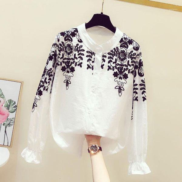 

blouses womens 2020 spring new flower embroidered shirt stand collar loose temperament ladies white blouse blusa1