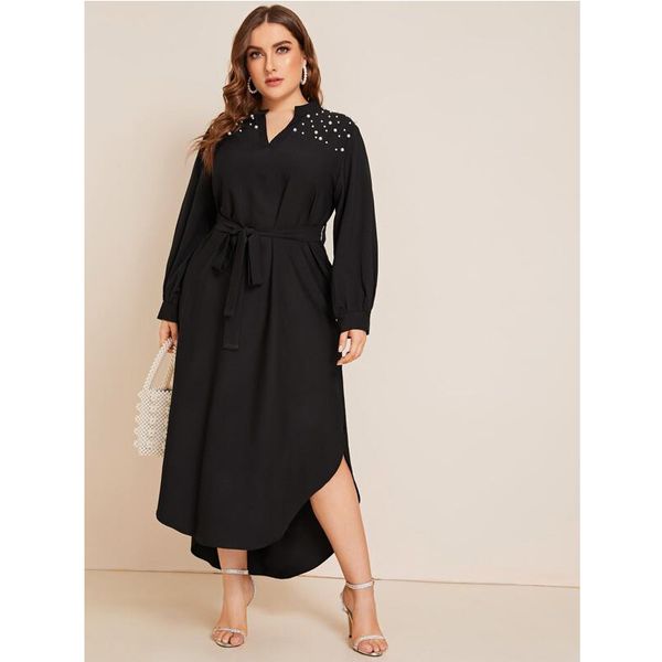 

women pearl black dress with sashes plus size v neck long sleeve dress ladies irregular split clothes, Black;gray