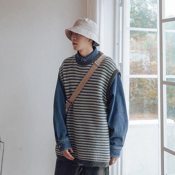 

men's vests autumn winter striped sweater vest warm fashion retro casual knitted pullover men korean loose o-neck mens, Black;white