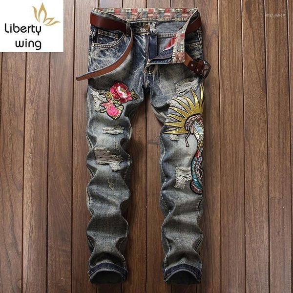 

harajuku designer hole ripped jeans personalized fashion men embroidery flower vintage denim pants casual washed trousers1, Blue