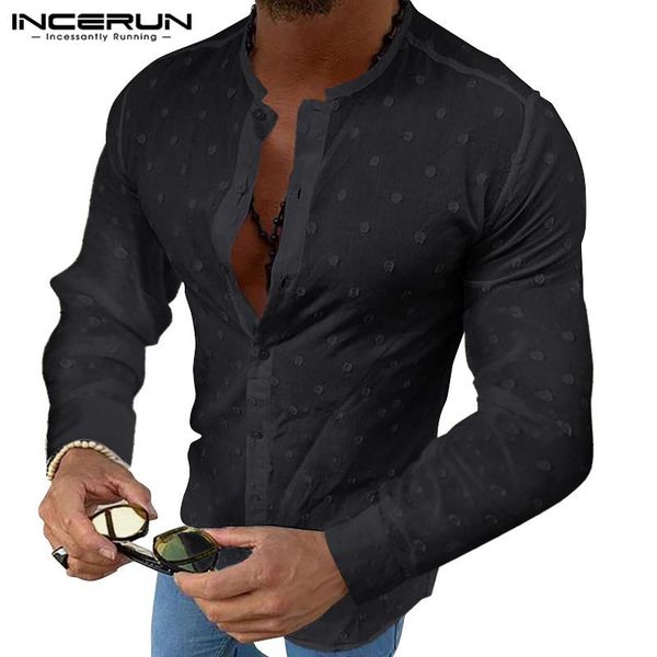 

incerun fashion solid color shirt men long sleeve jacquard button 2020 chic blouse streetwear casual dress shirts men plus size, White;black