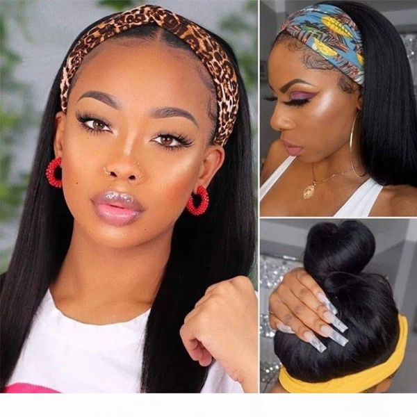

band wigs 100% humanhair grip headband scarf wig straight human hair wig no plucking wigs for women no glue no sew in, Black;brown