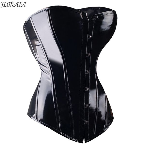 Sexy Black PVC Overbust Corset Steampunk Basque Lingerie Top - Goth Rock Corset Sexy Leather Waist Trainer Corset para mujeres Y1119