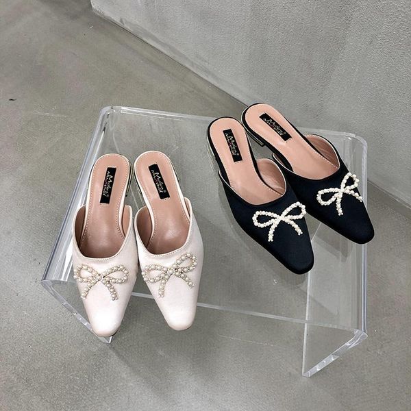 

fashion women slippers bow design casual slides satin flip flops slides flats heeled shallow bow design slippers mules shoes, Black