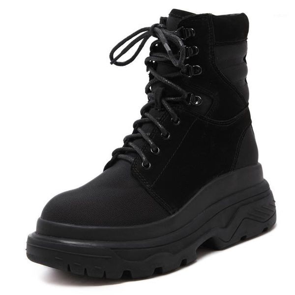 

motorcycle platform boots women 2020 new winter plush lace-up ankle boots leather fashion black1, Black