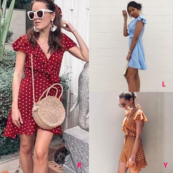 

womens dress summer v neck dot slim waist a line dress fashion butterfly sleeve elegant vintage mini dress, Black;gray