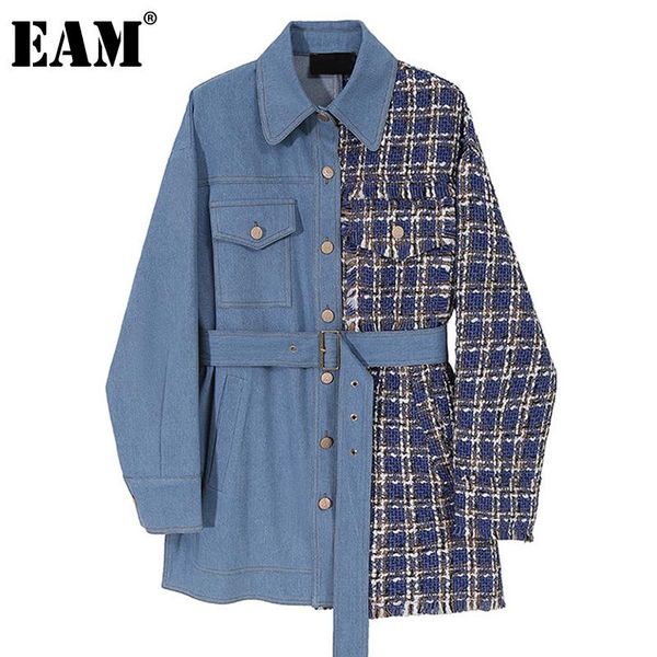 

eam] loose fit blue plaid big size denim jacket new lapel long sleeve women coat fashion tide spring autumn 2020 1da969, Black;brown