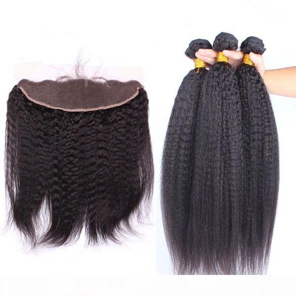 

italian coarse yaki peruvian human hair weave bundles 3pcs with 13x4 lace frontal 4pcs lot kinky straight virgin hair wefts with frontal, Black;brown