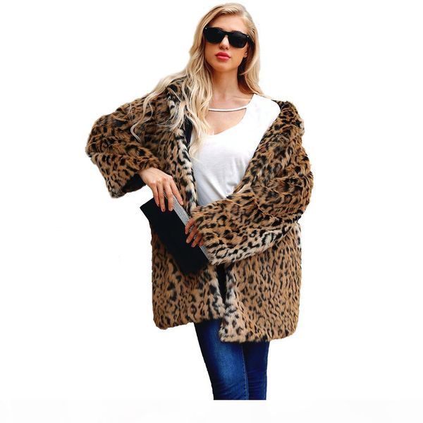 

winter women leopard print faux fur jacket coat overcoat ladies thick warm hooded long coats female fur jacket outwear, Black
