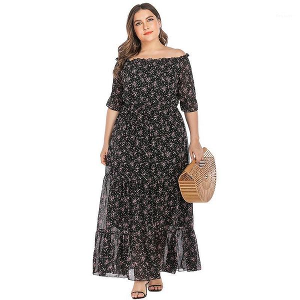 

party plus size 3xl 4xl 5xl flower printed maxi dresses women half butterfly sleeve slash neck vintage ruffles dress ladies1, White;black