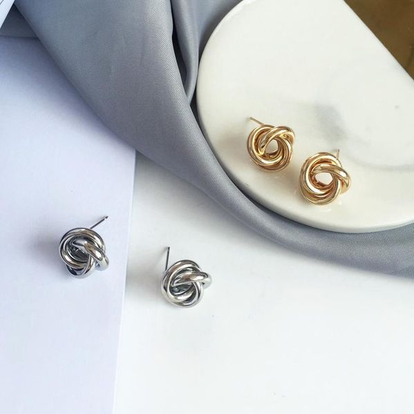 

european and american design fashion joker minimal hand making knot stud earrings women jewelry, Golden;silver