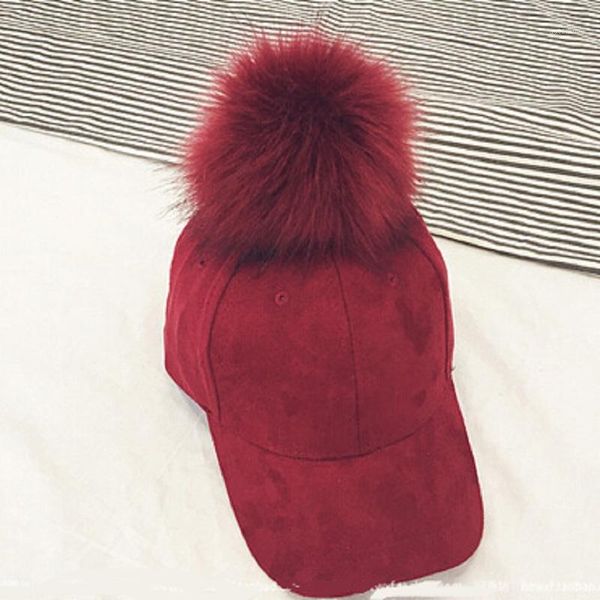

faux fur pompom baseball hat for women winter suede snapback caps female thicken gorros1, Blue;gray