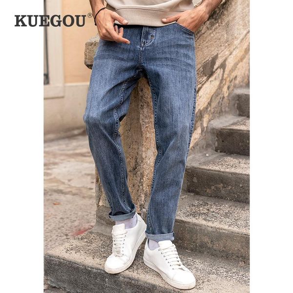 

kuegou 2021 spring cotton blue skinny jeans men streetwear brand slim fit denim pants for male classic stretch trousers 2906