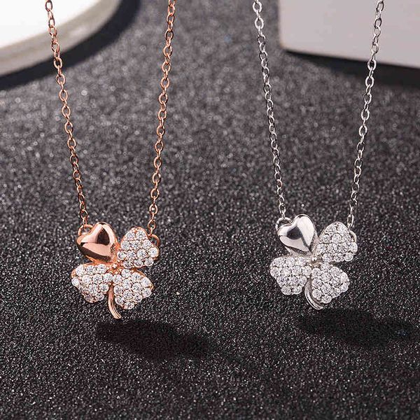 

shijia better lucky grass clover pendant s925 sterling silver micro full diamond classic necklace clavicle chain female